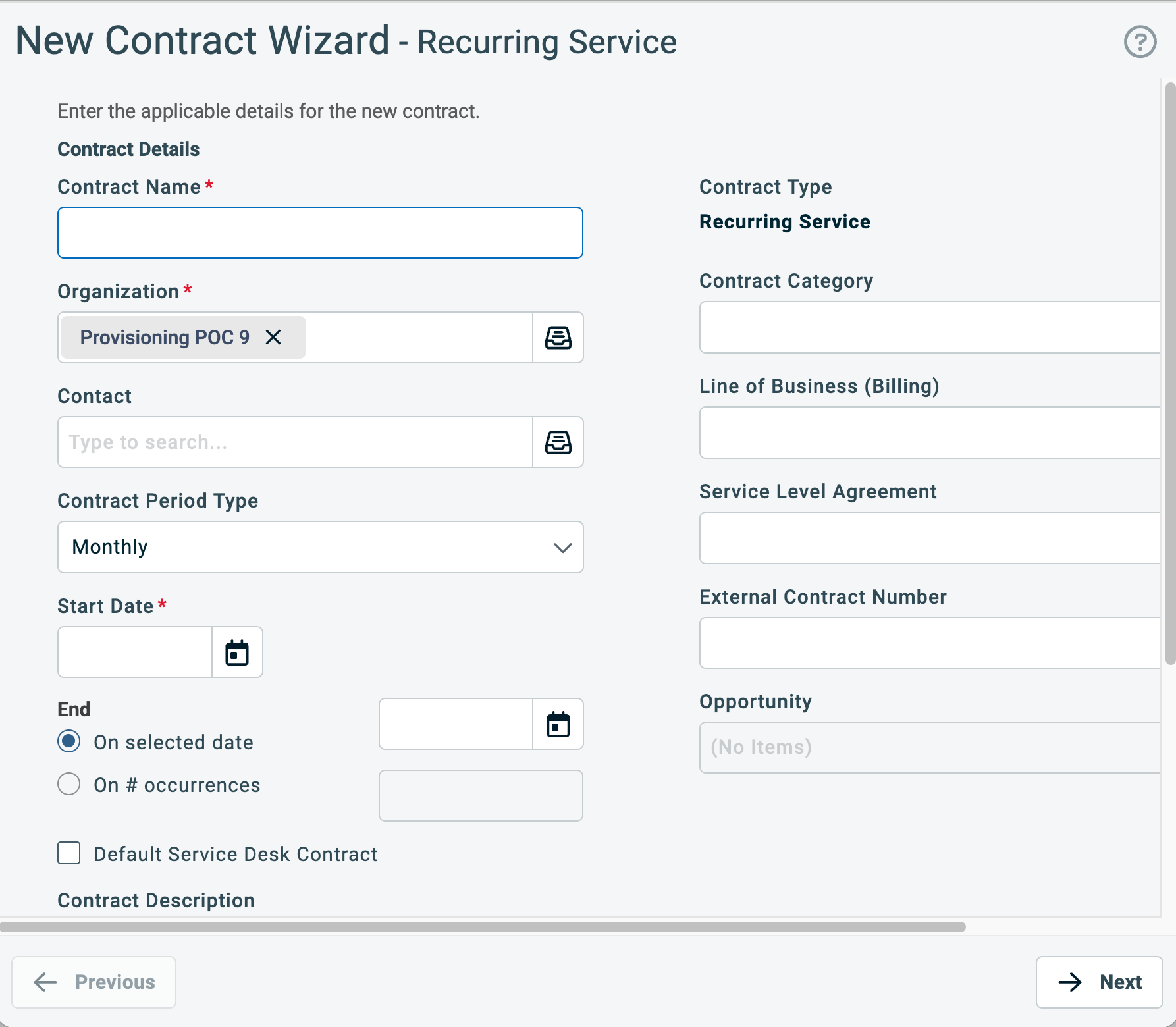New Contract Wizard in Autotask PSA showing the contract details step