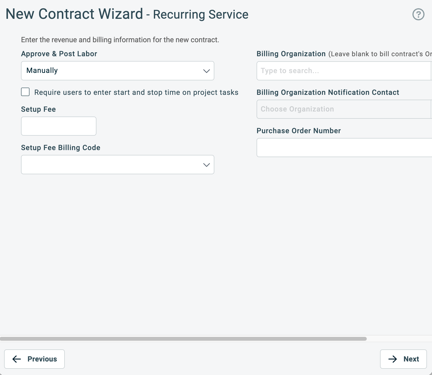 New Contract Wizard in Autotask PSA showing the revenue and billing information step