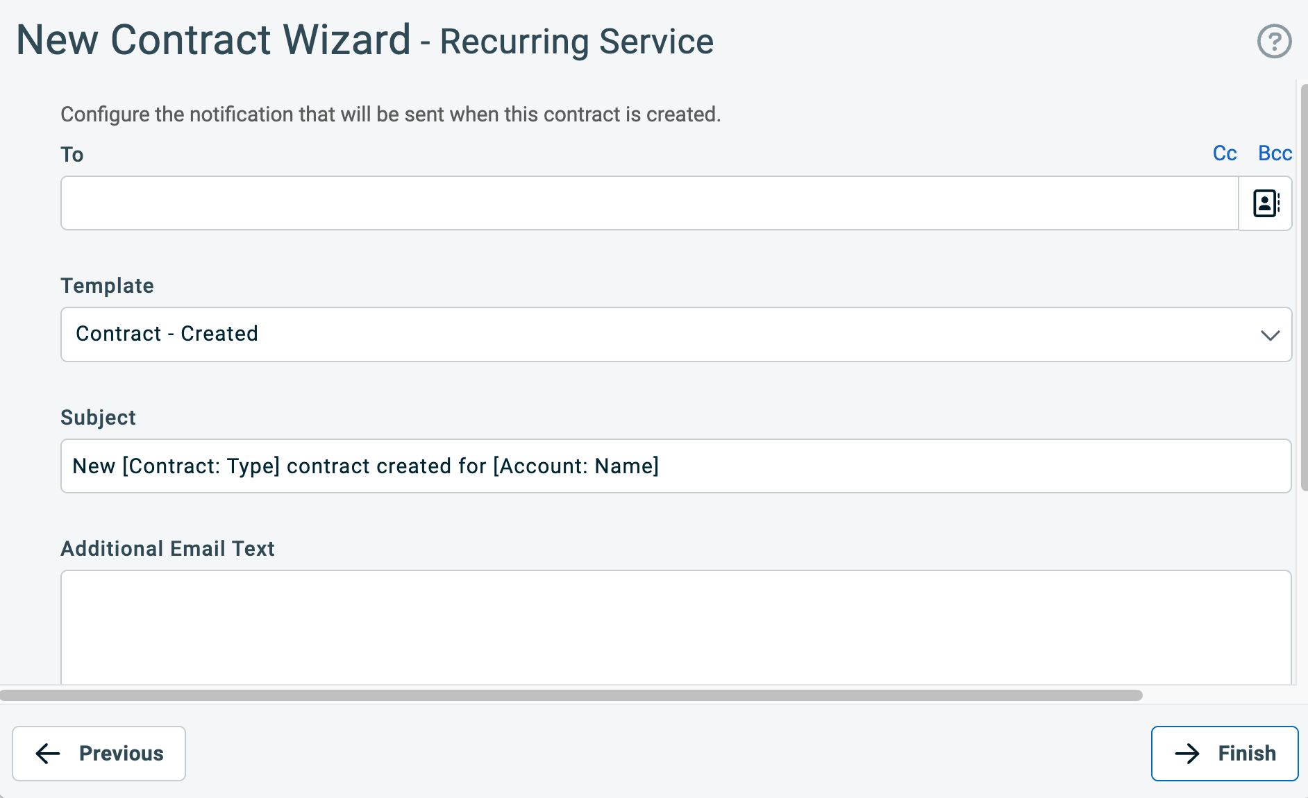 New Contract Wizard in Autotask PSA showing the contract creation notification step