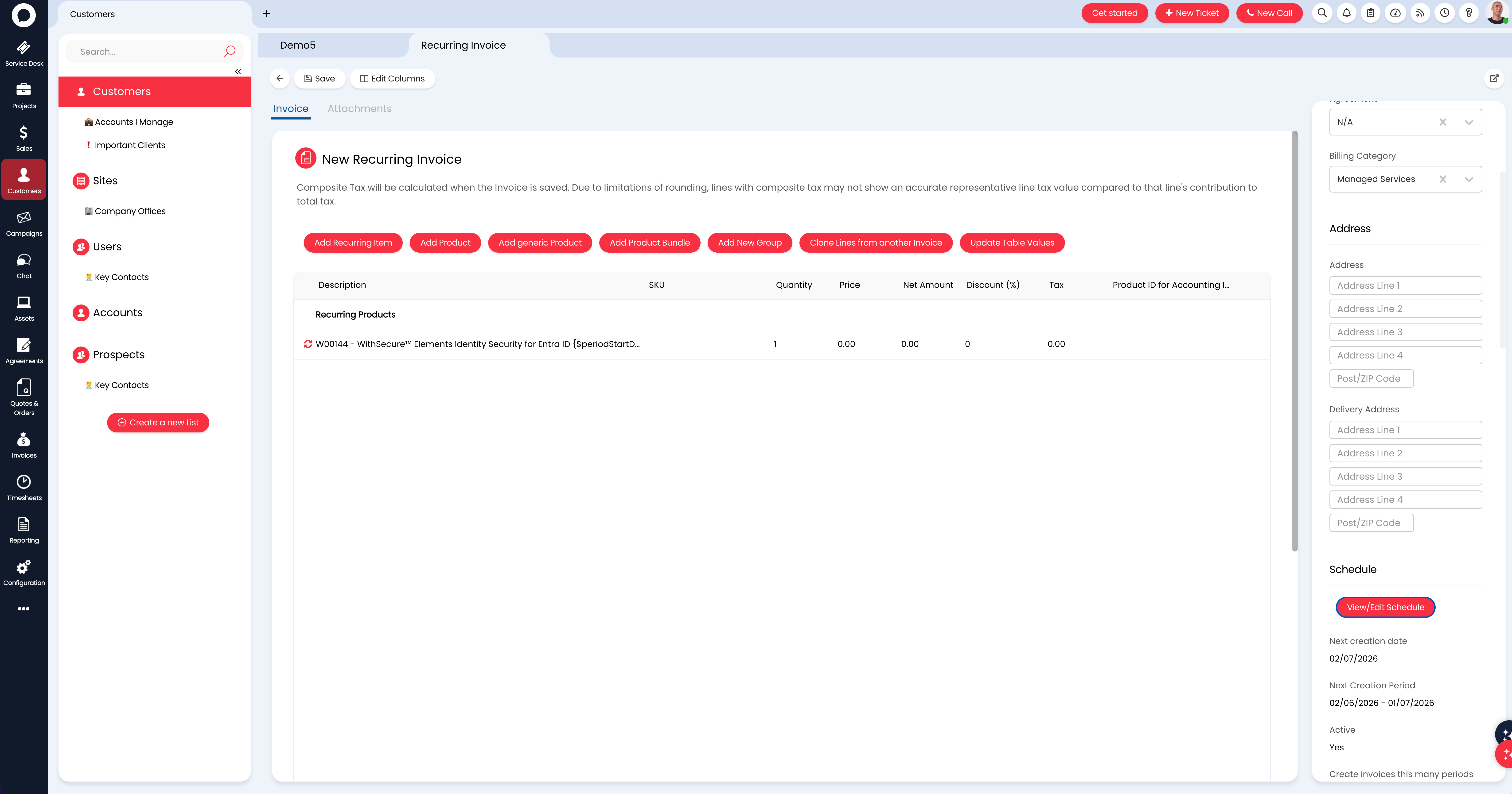 A completed recurring invoice in Halo PSA with a WithSecure product added and the schedule set, ready to be saved